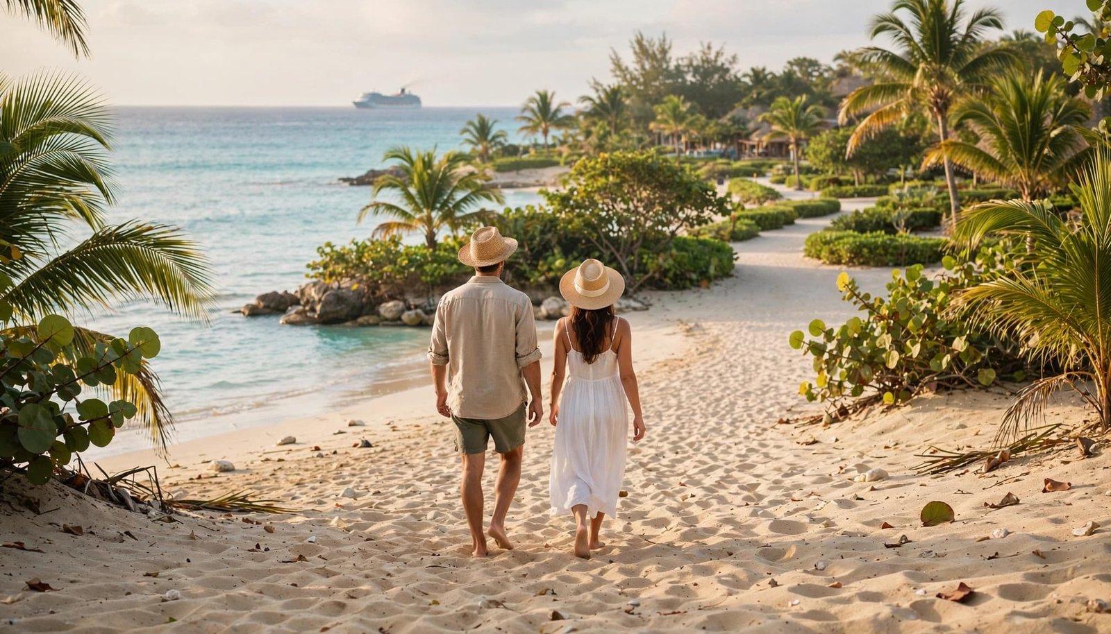 Two travelers walk toward a palm-lined path beside turquoise water and a distant cruise ship.