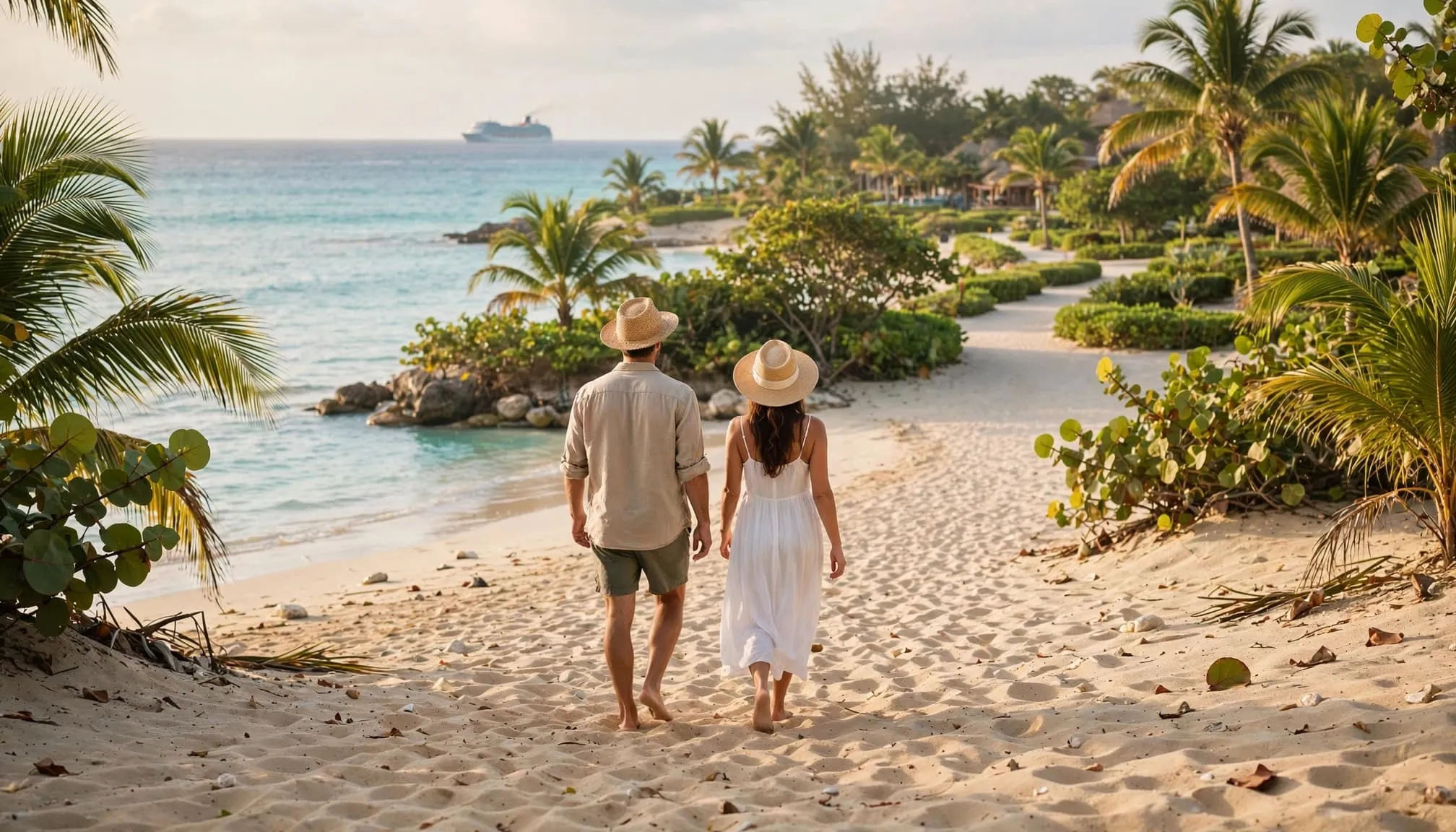 Two travelers walk toward a palm-lined path beside turquoise water and a distant cruise ship.