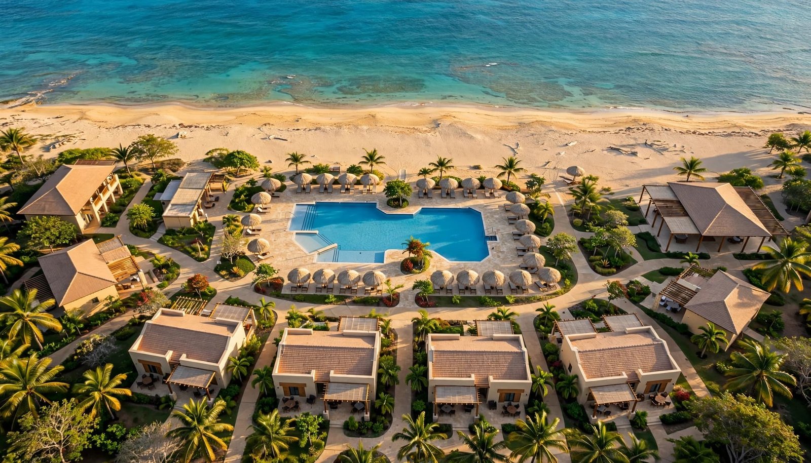 A beachfront resort with a pool, loungers, accessible paths, and turquoise sea.