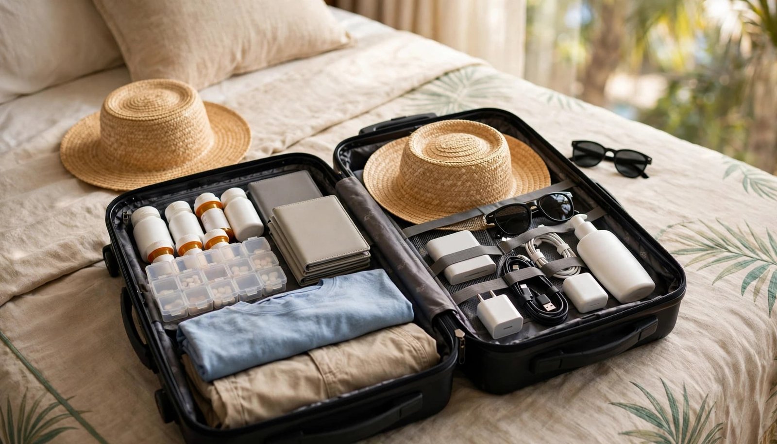 Open carry-on packed with medication, travel items, sunscreen, hats, chargers, and folded clothes.
