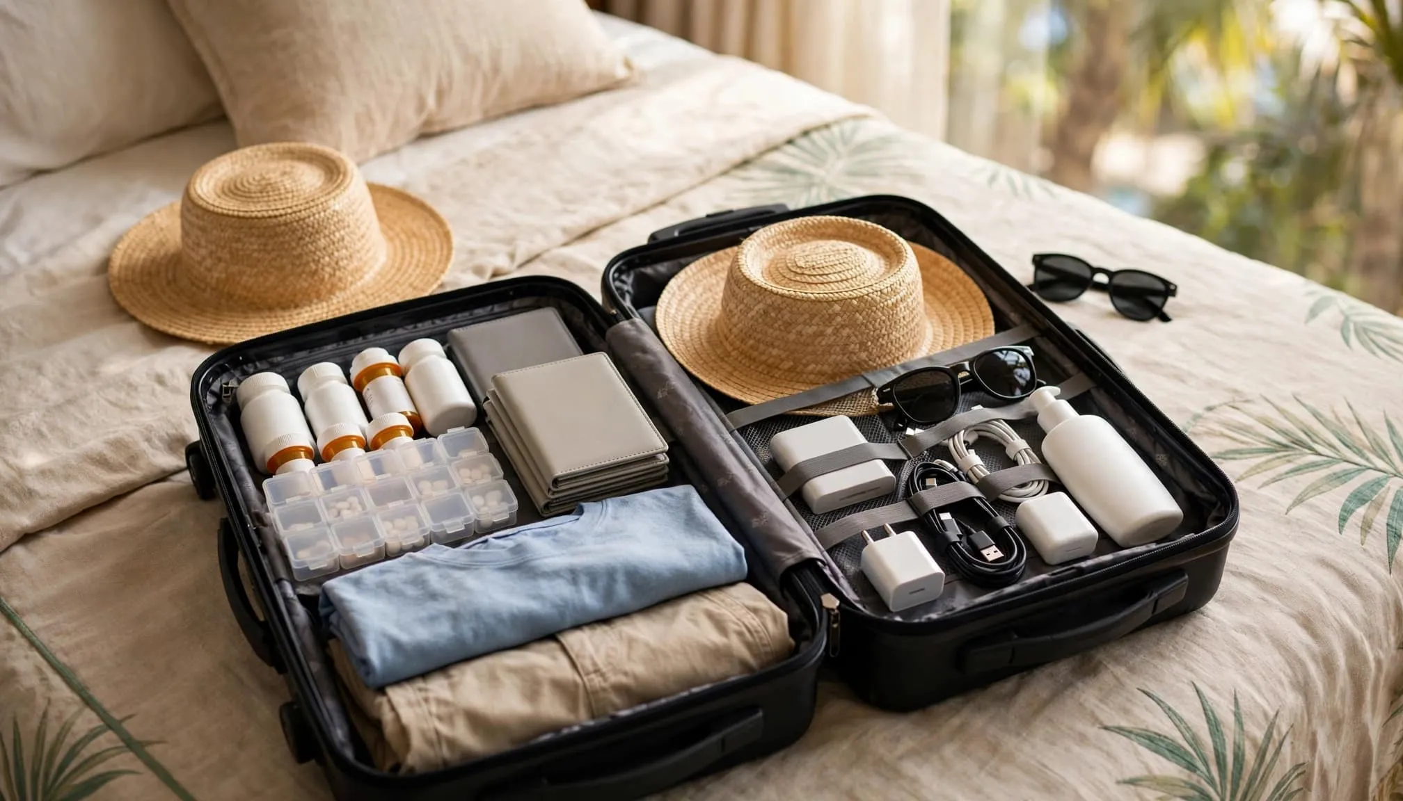 Open carry-on packed with medication, travel items, sunscreen, hats, chargers, and folded clothes.
