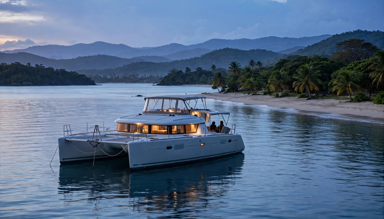 Two guests relax aboard a lit catamaran near a quiet island beach at dusk.