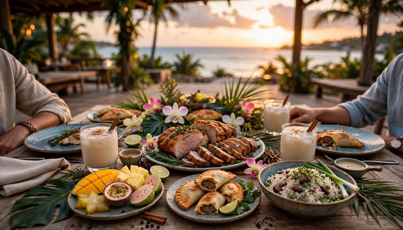 Two diners share Caribbean Christmas dishes beside an ocean sunset.