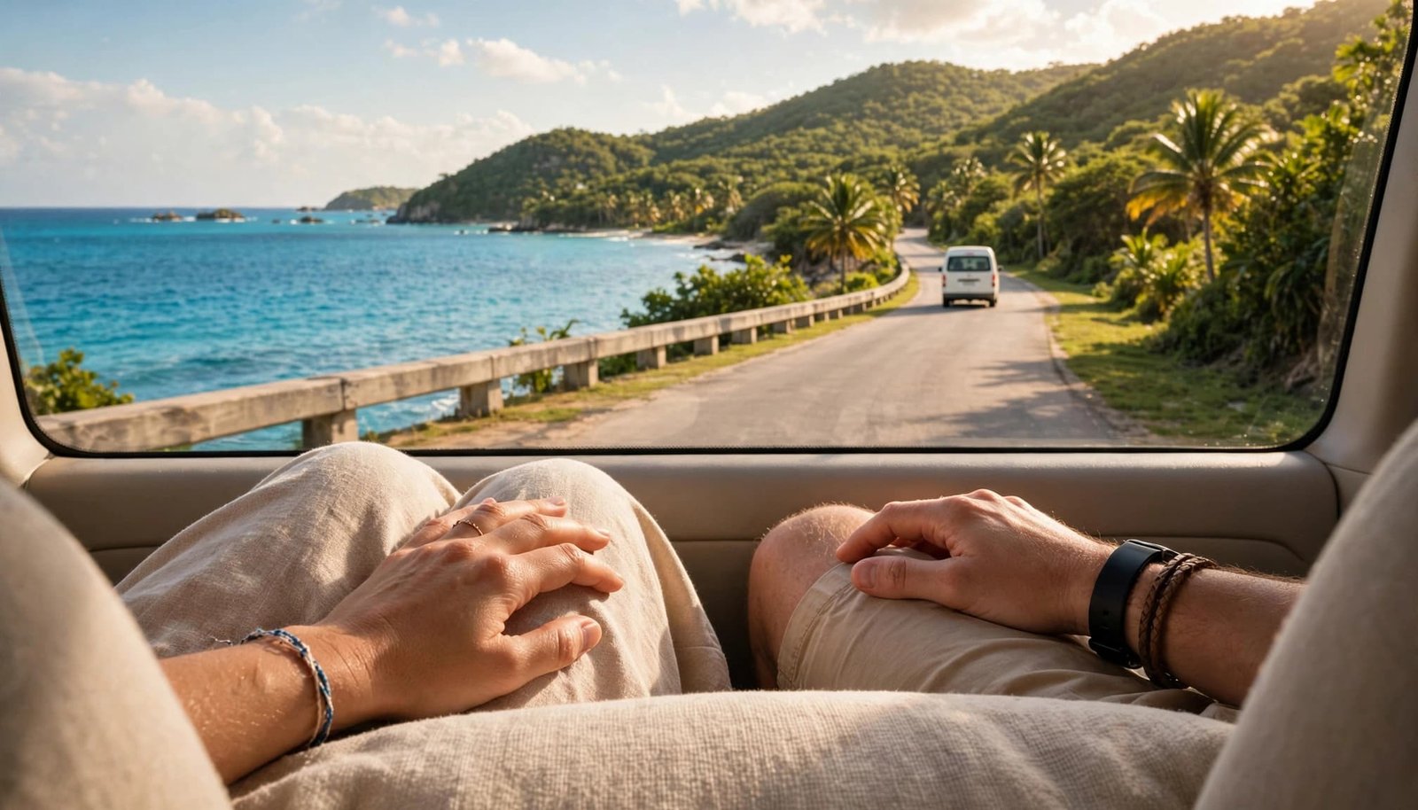 A couple rides along a coastal road with turquoise sea and green hills ahead.
