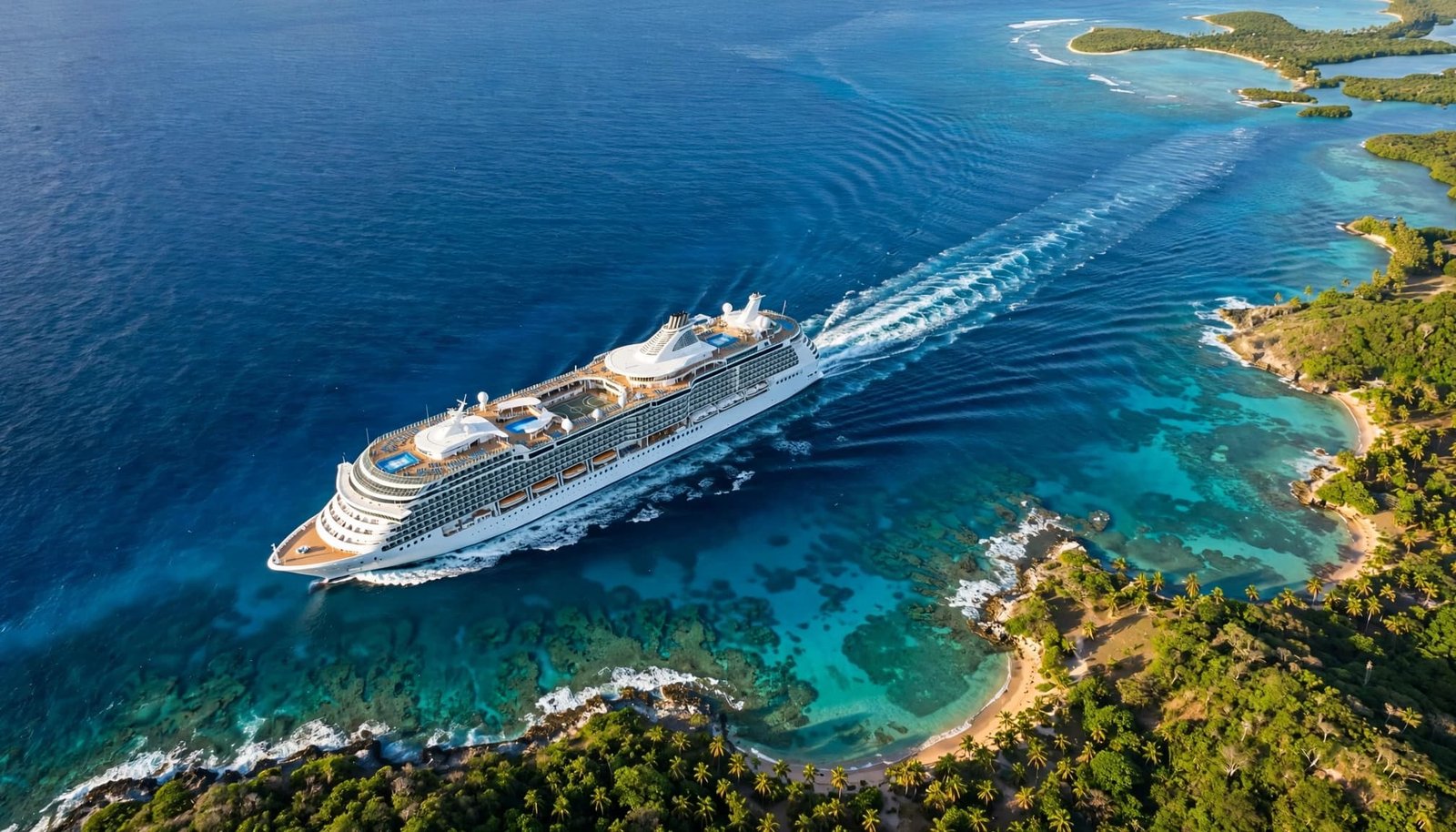 A cruise ship sails past a tropical Caribbean coastline under a clear blue sky.