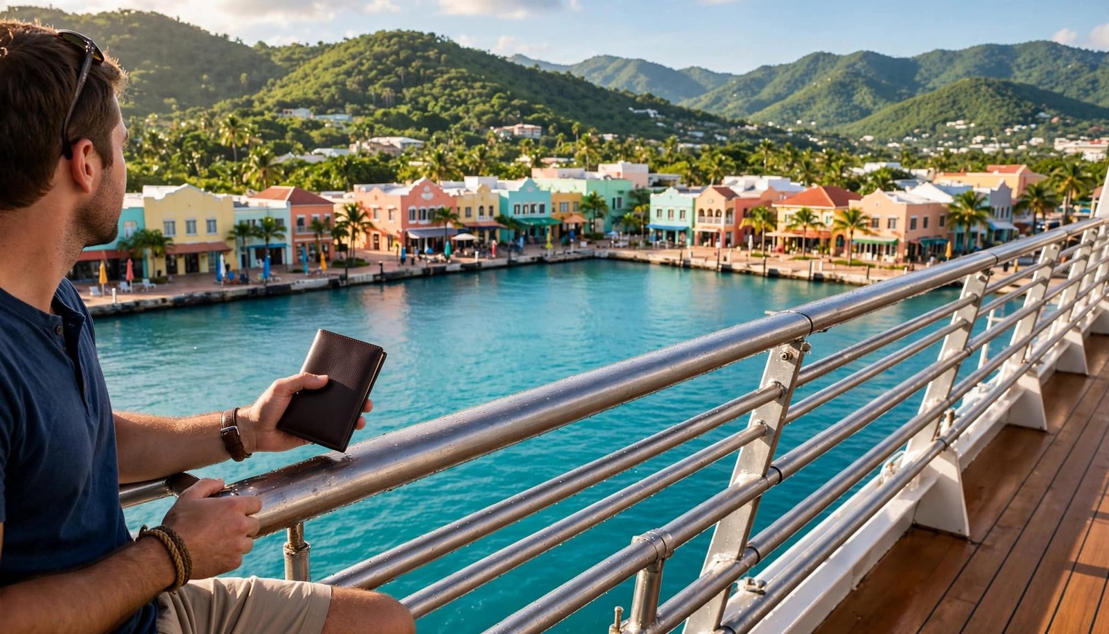 A traveler holds a closed passport wallet aboard a cruise ship near a colorful Caribbean harbor.