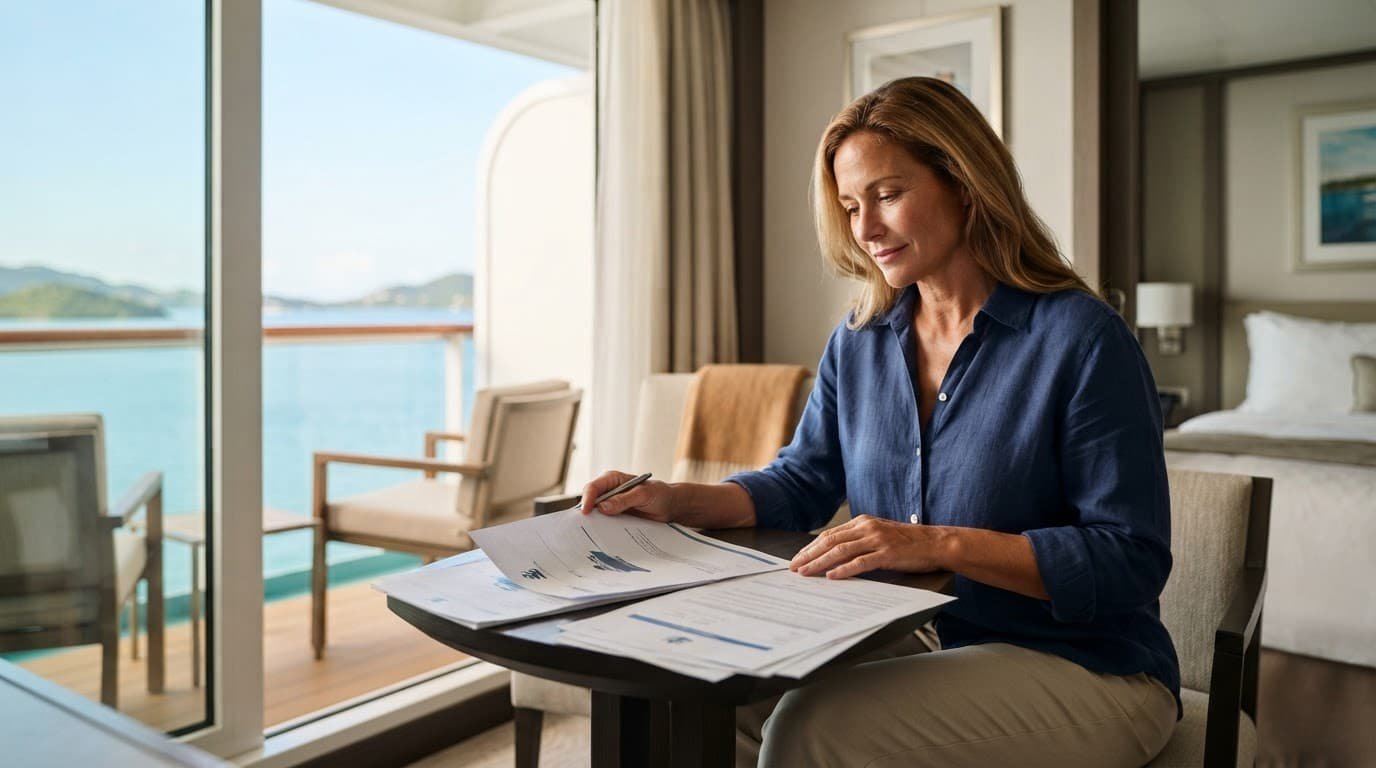 Traveler reviewing cruise papers beside a balcony overlooking calm Caribbean water.