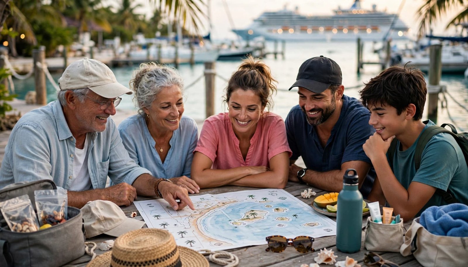Five relatives compare a beach map and vacation items beside a cruise ship.