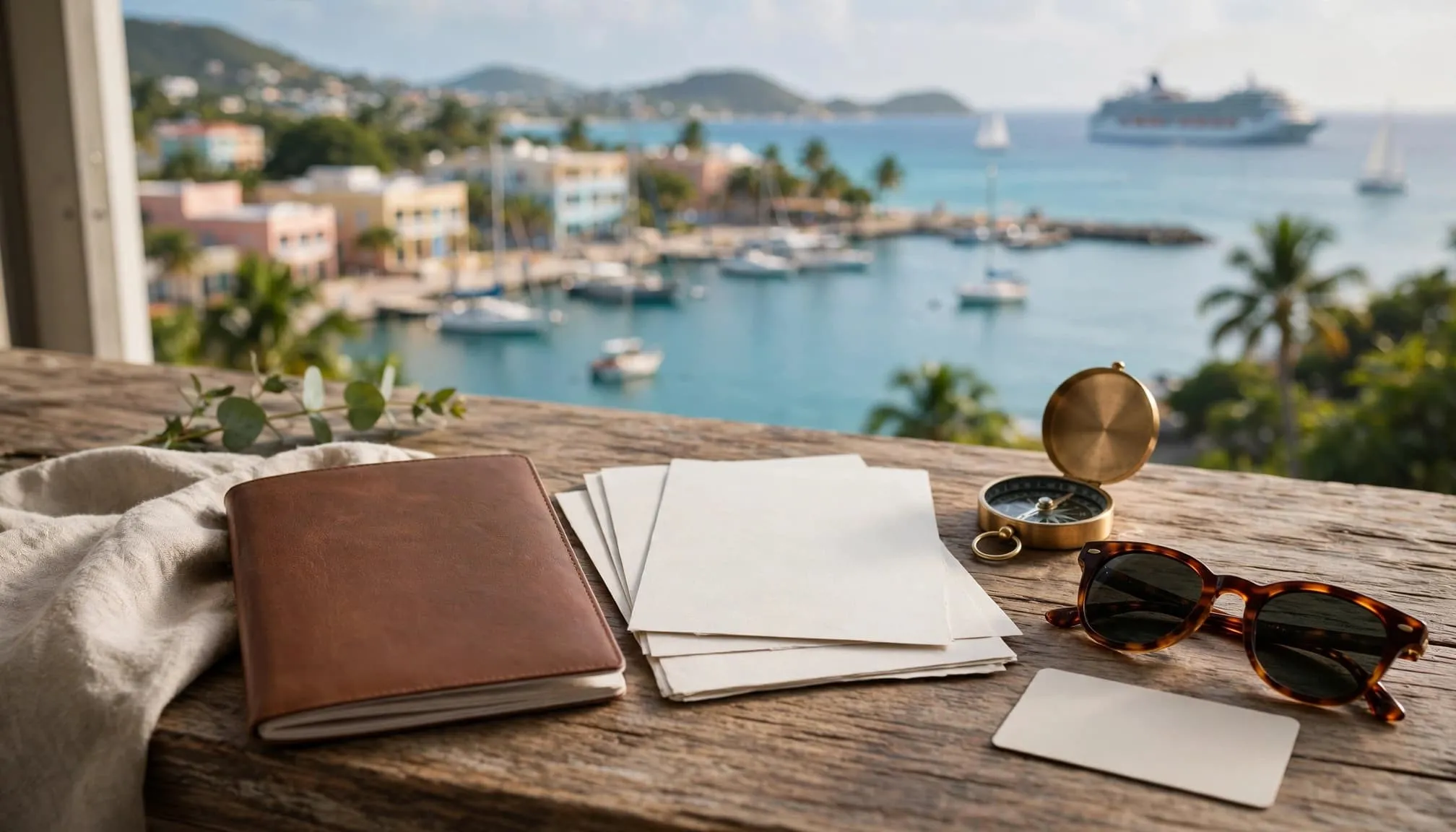 Travel items on a balcony table overlook a Caribbean harbor and distant cruise ship.