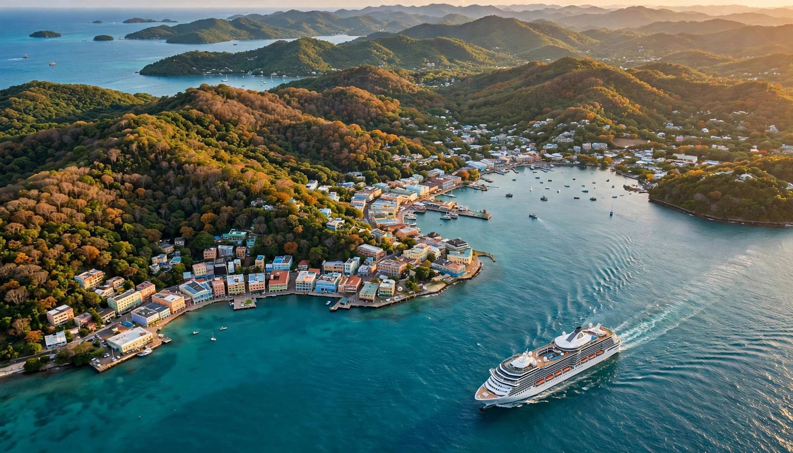 A cruise ship approaches a colorful Caribbean port beneath lush green hills.