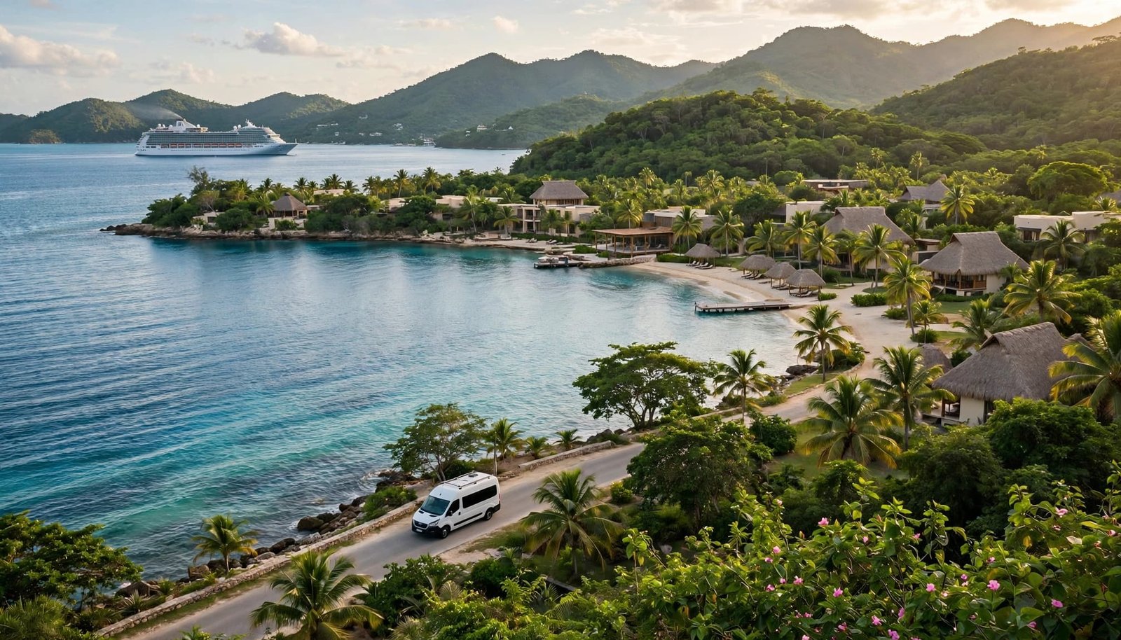 A cruise ship offshore and one van on a coastal road near a beachfront resort.