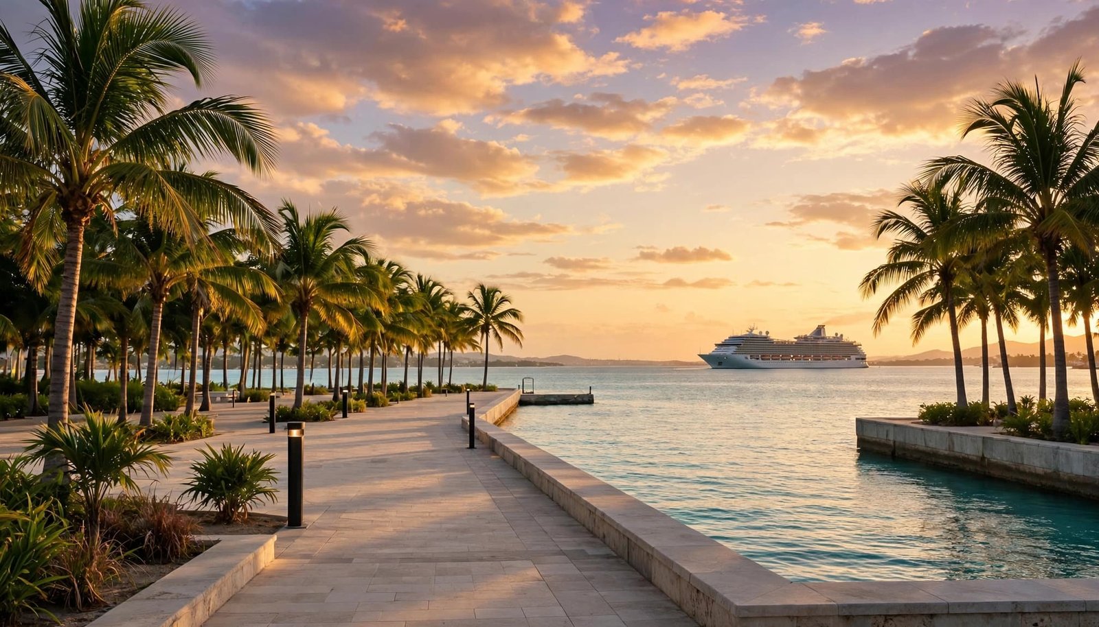A cruise ship offshore beyond a palm-lined Caribbean promenade at sunset.
