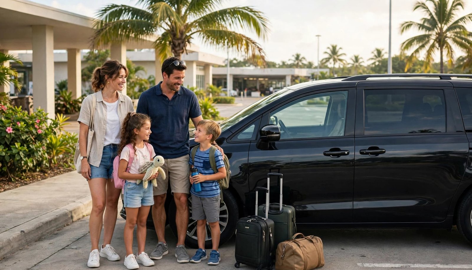A family of four stands with luggage beside a private minivan at a tropical airport.