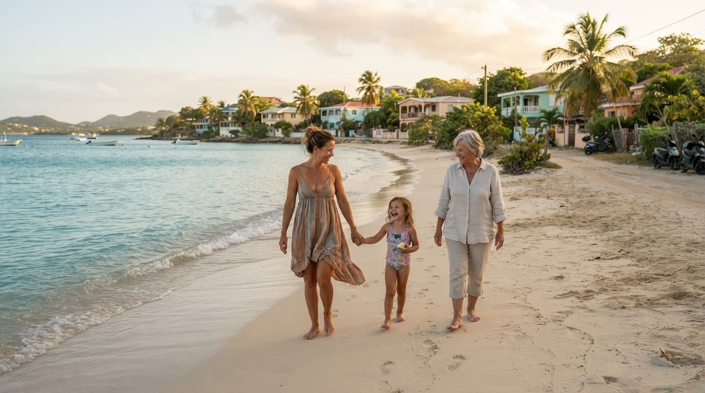 A parent, child, and grandparent walk beside turquoise water near tropical homes.