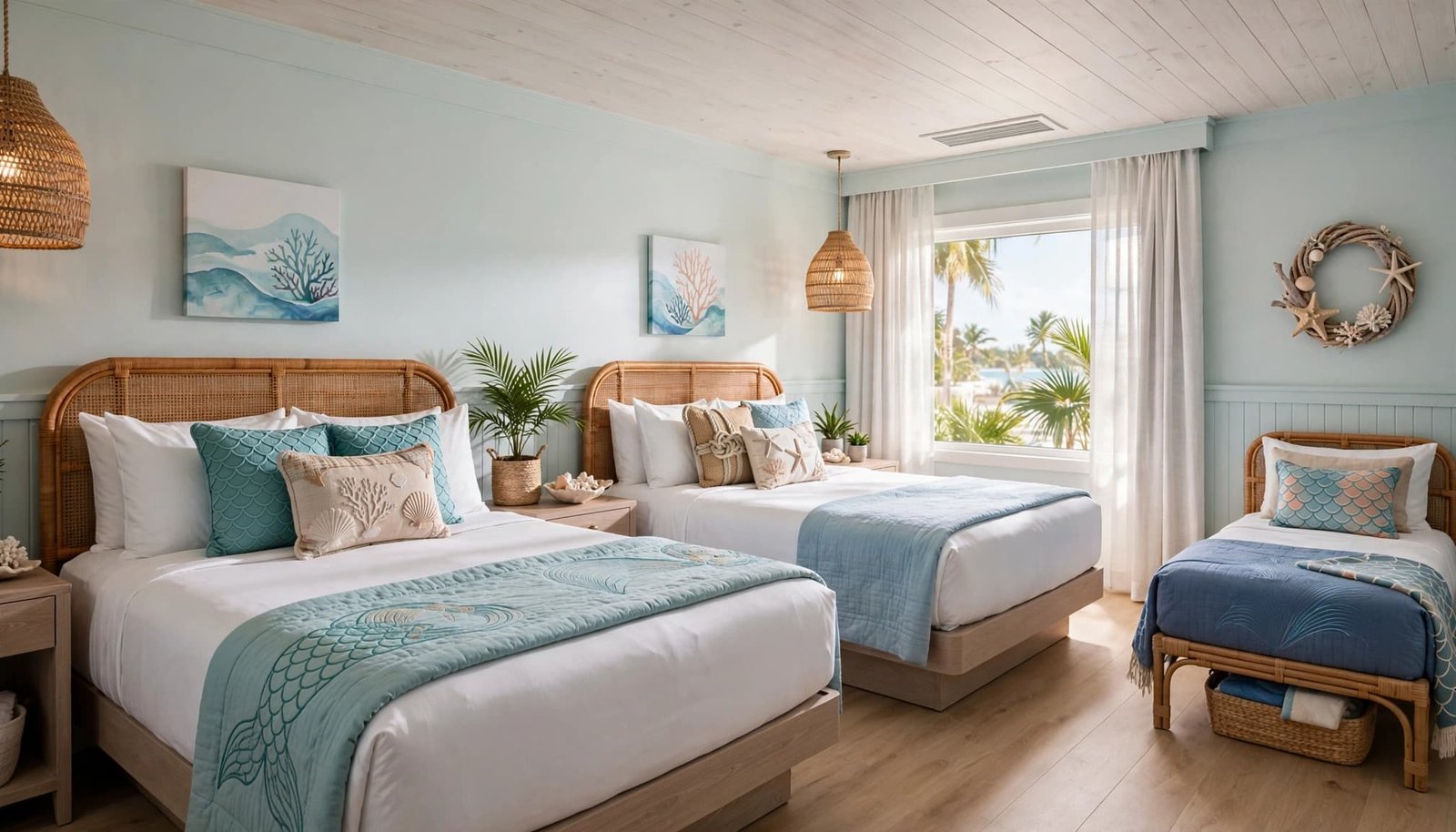 A bright hotel room with two queen beds and a small fifth sleeper bed.