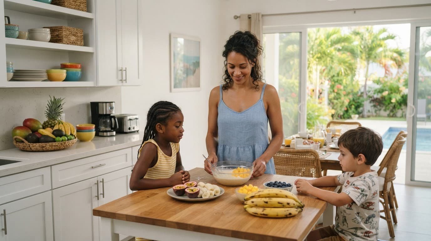 An adult and two children prepare food in a sunny kitchen with palm trees outside.