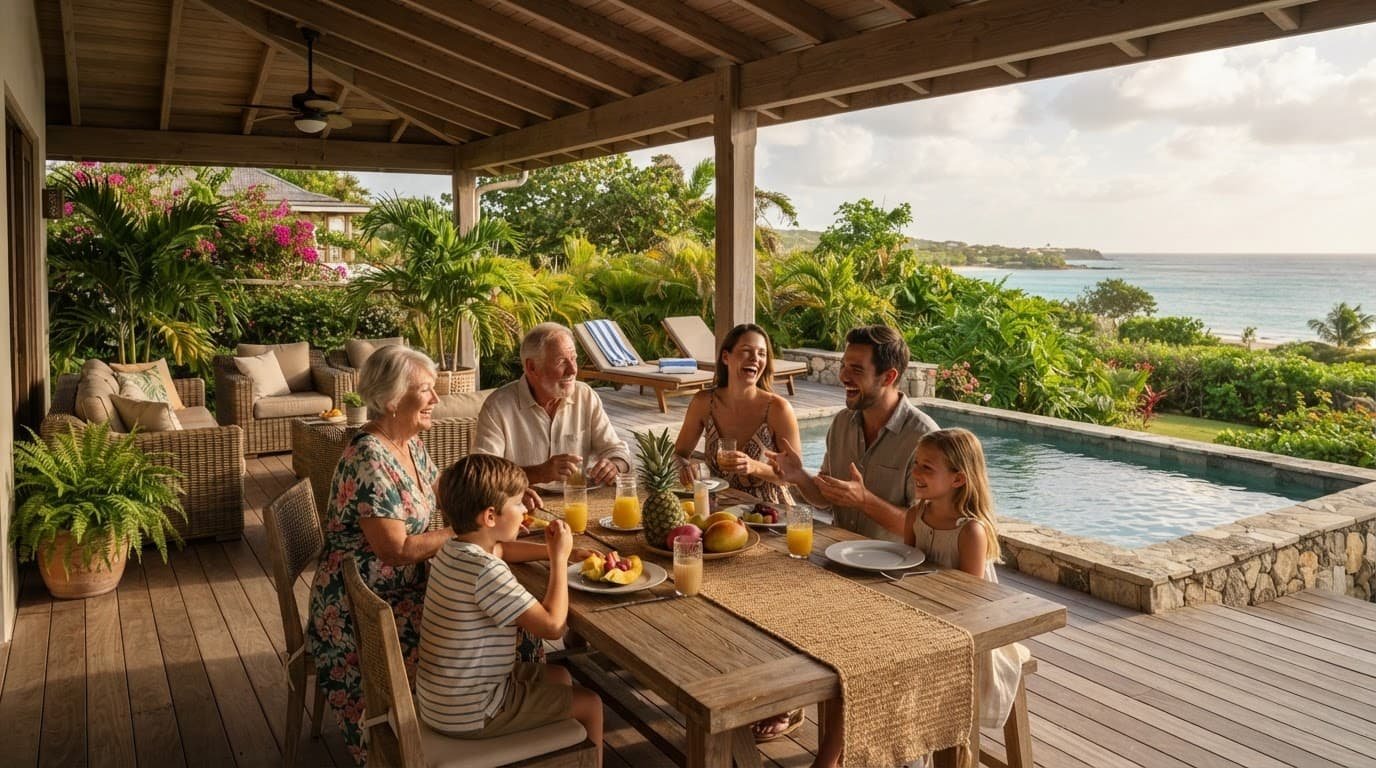 A multigenerational family gathers on a shaded veranda overlooking a pool, garden, and ocean.