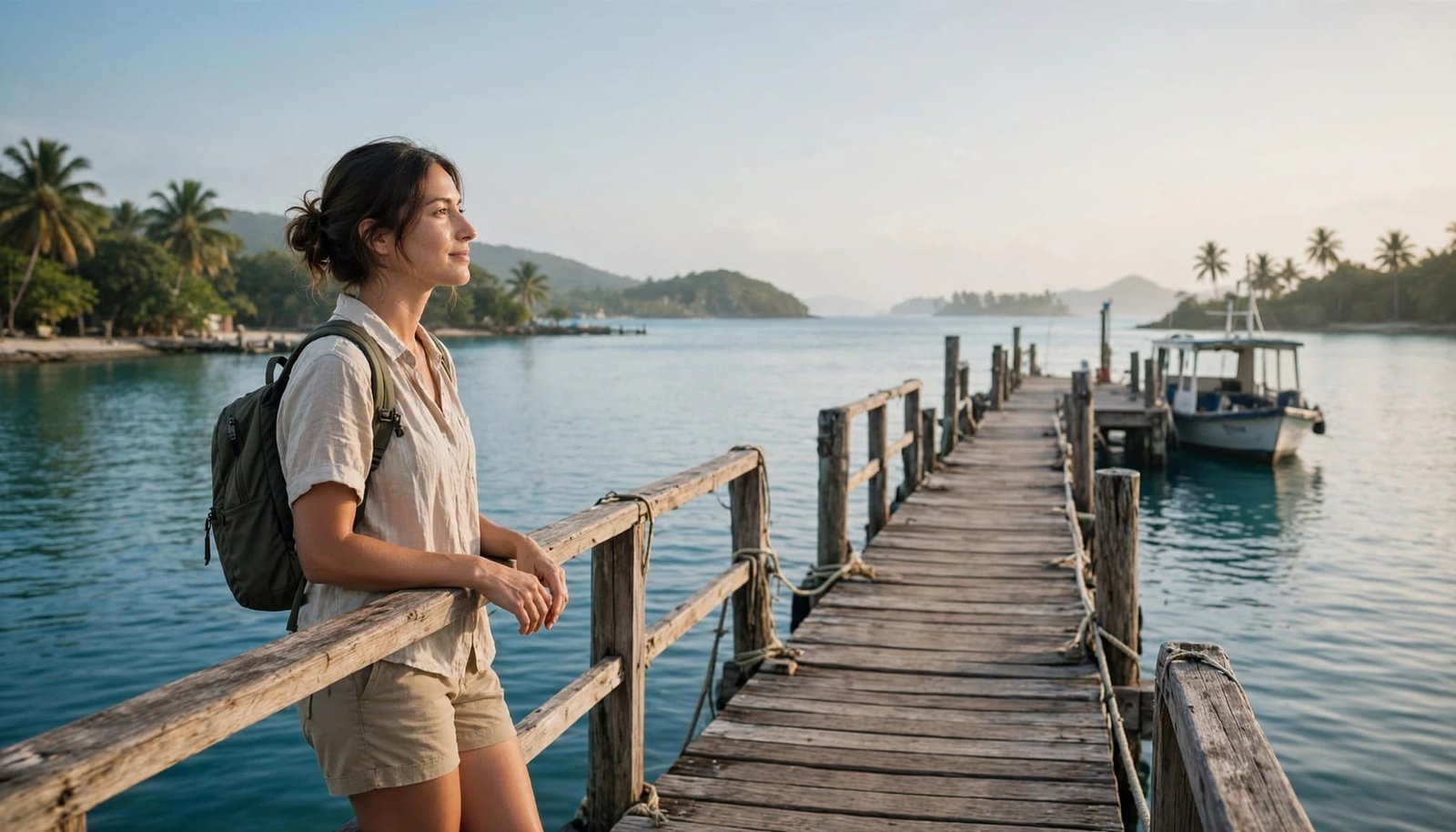 Solo traveler with a small backpack standing on a Caribbean ferry pier.