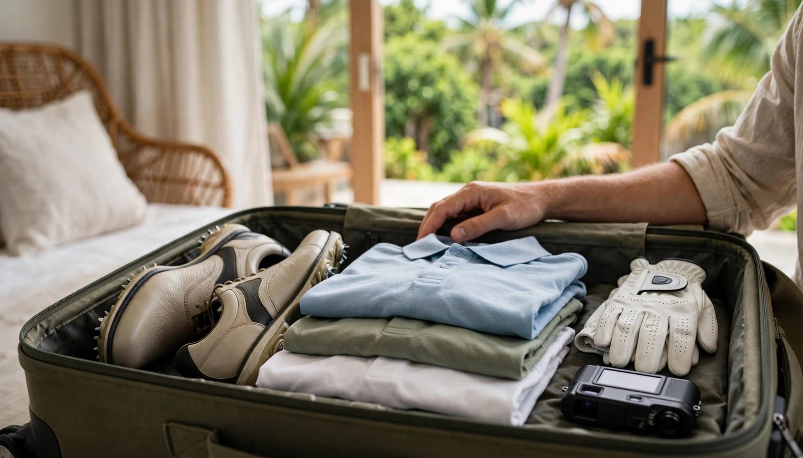 Golf traveler packing golf shoes, polo shirts, gloves, and a rangefinder for a Caribbean golf vacation in a sunny hotel room.