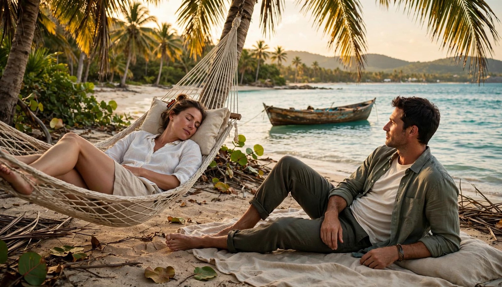 A couple relaxes beneath palms beside turquoise water and a small fishing boat.