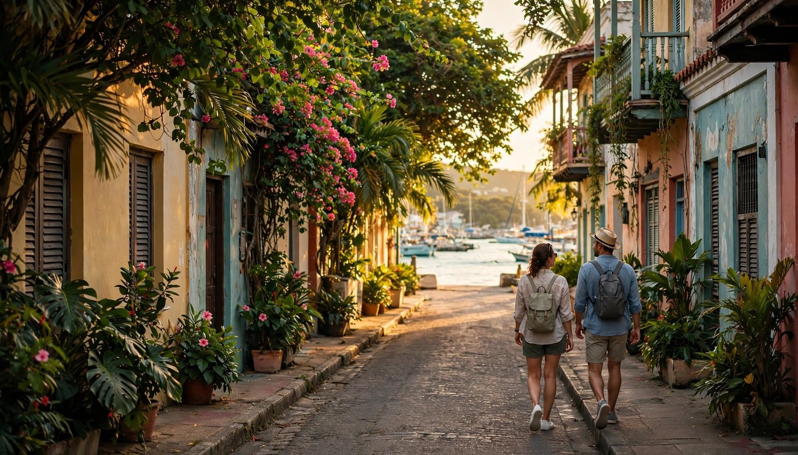 Two travelers walk along a colorful Caribbean street toward the harbor.