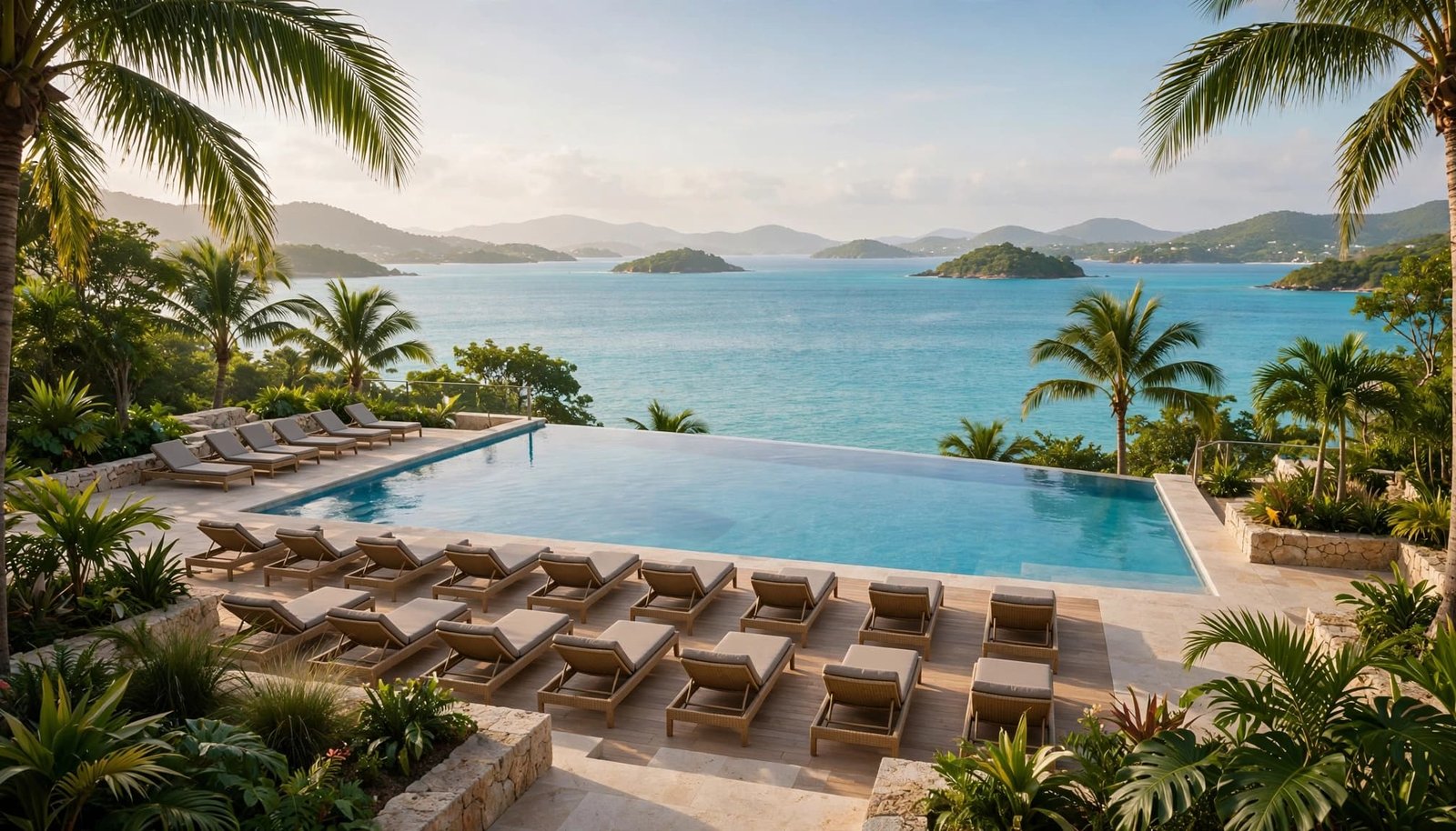 An infinity pool with empty loungers overlooks the turquoise sea and distant green hills.