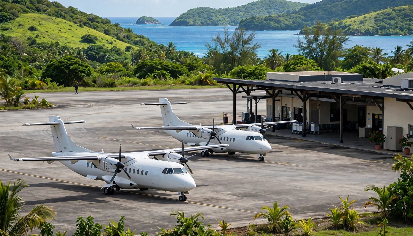 Two small planes parked beside a tropical island terminal with green hills and blue sea beyond.