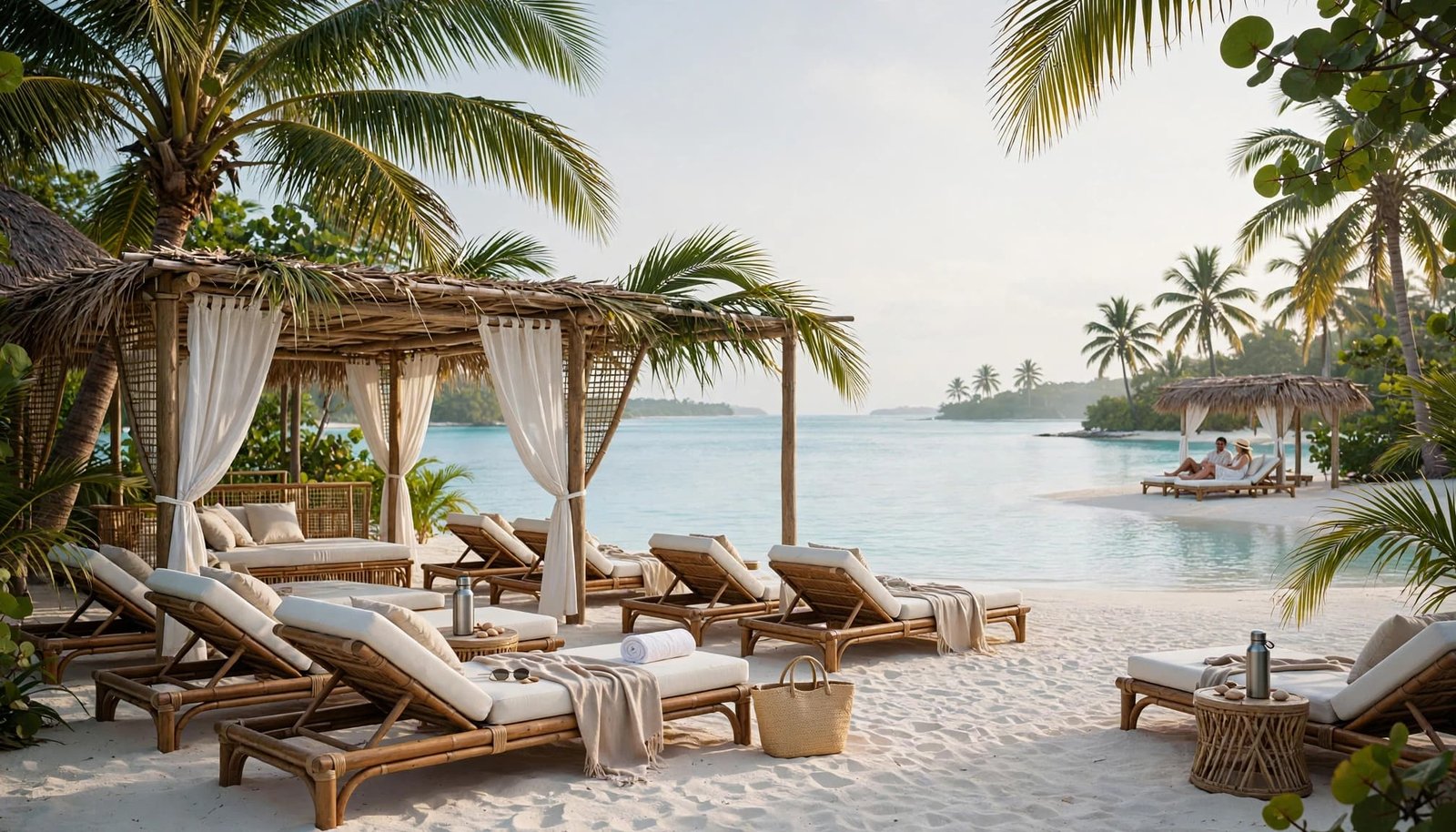 A couple relaxes near shaded loungers on a quiet white-sand beach.