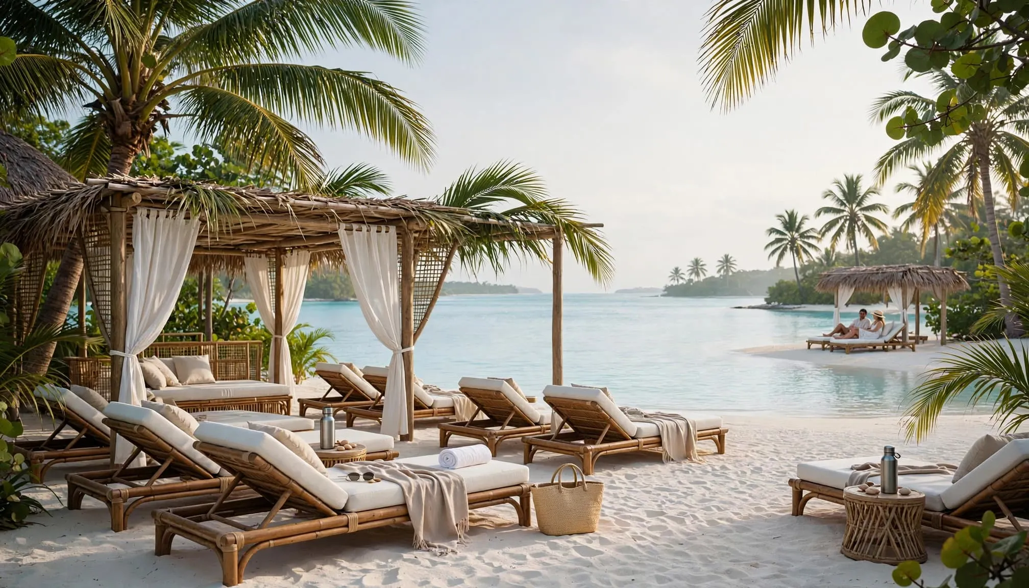 A couple relaxes near shaded loungers on a quiet white-sand beach.