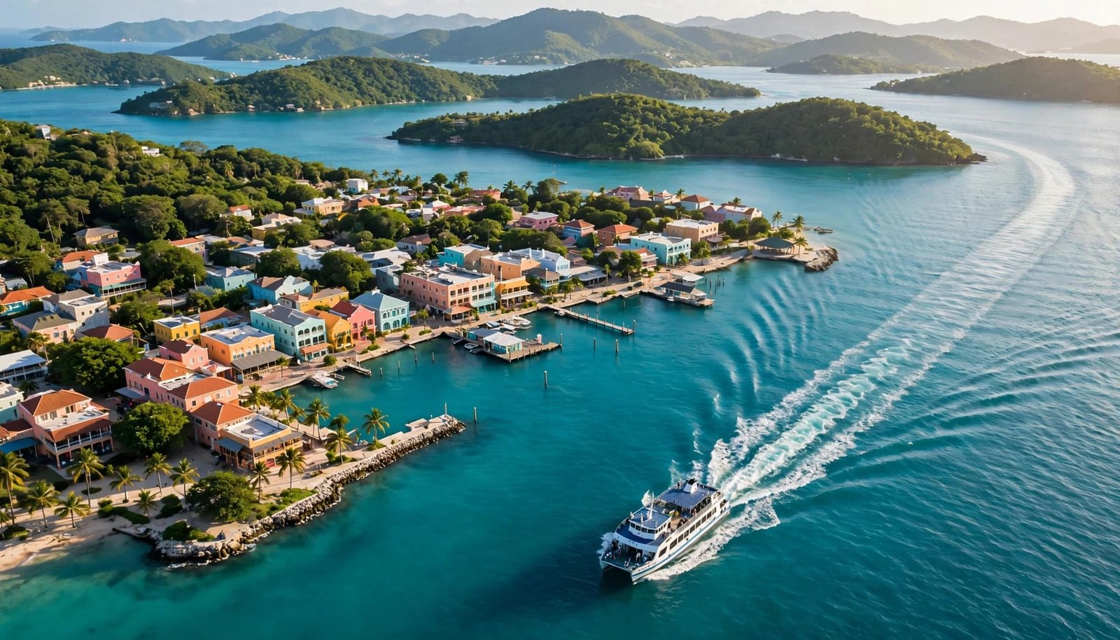 A passenger ferry approaches a colorful Caribbean harbor surrounded by lush islands.