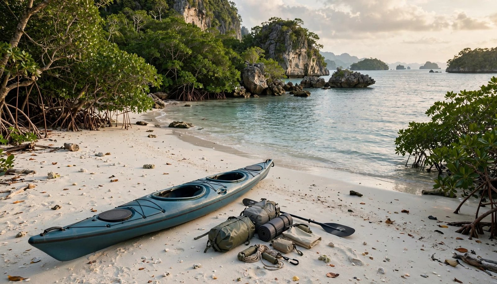 A sea kayak and camping gear sit on a quiet beach beside mangroves.