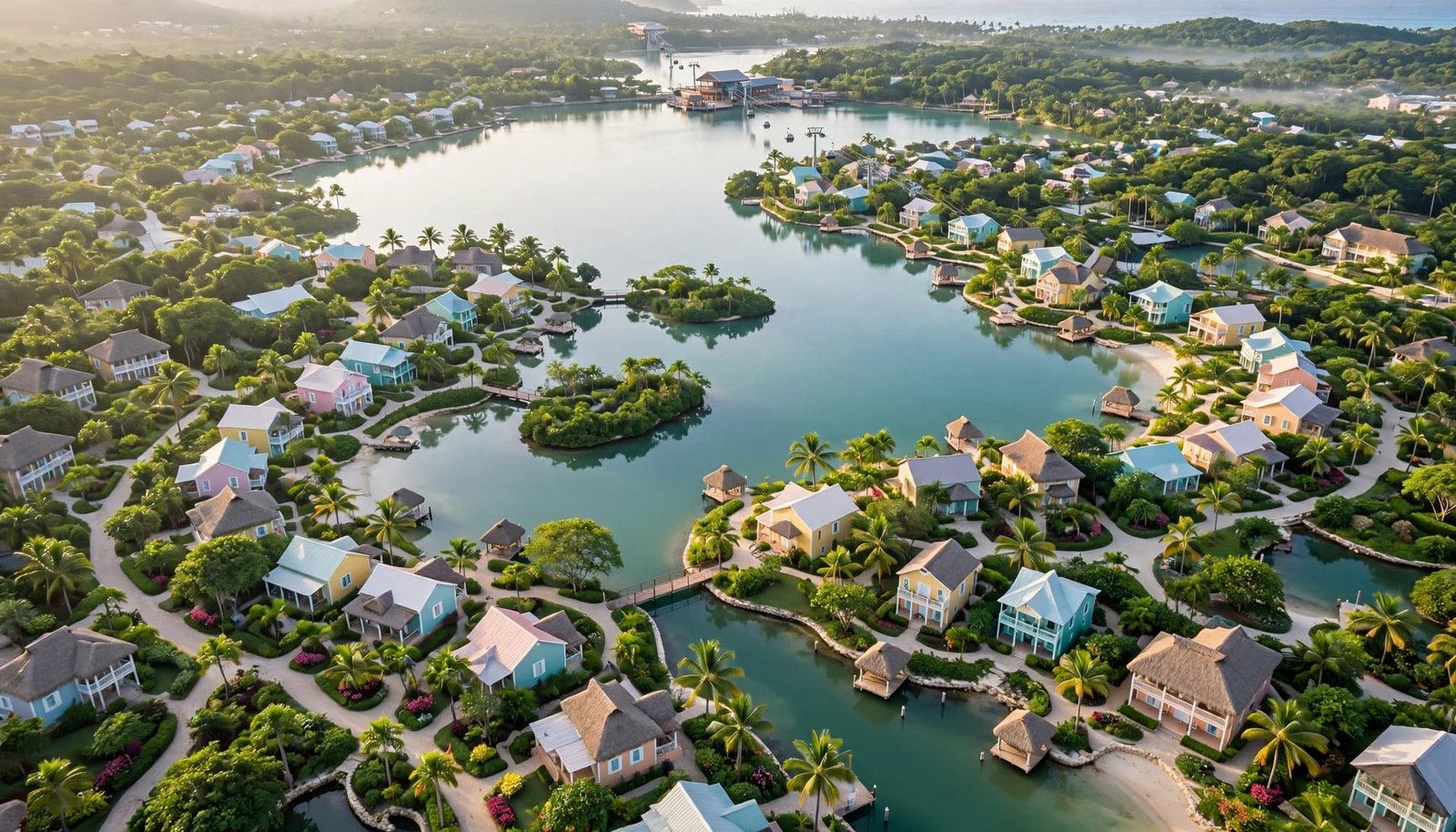 Pastel resort buildings and garden paths surround a calm lagoon.