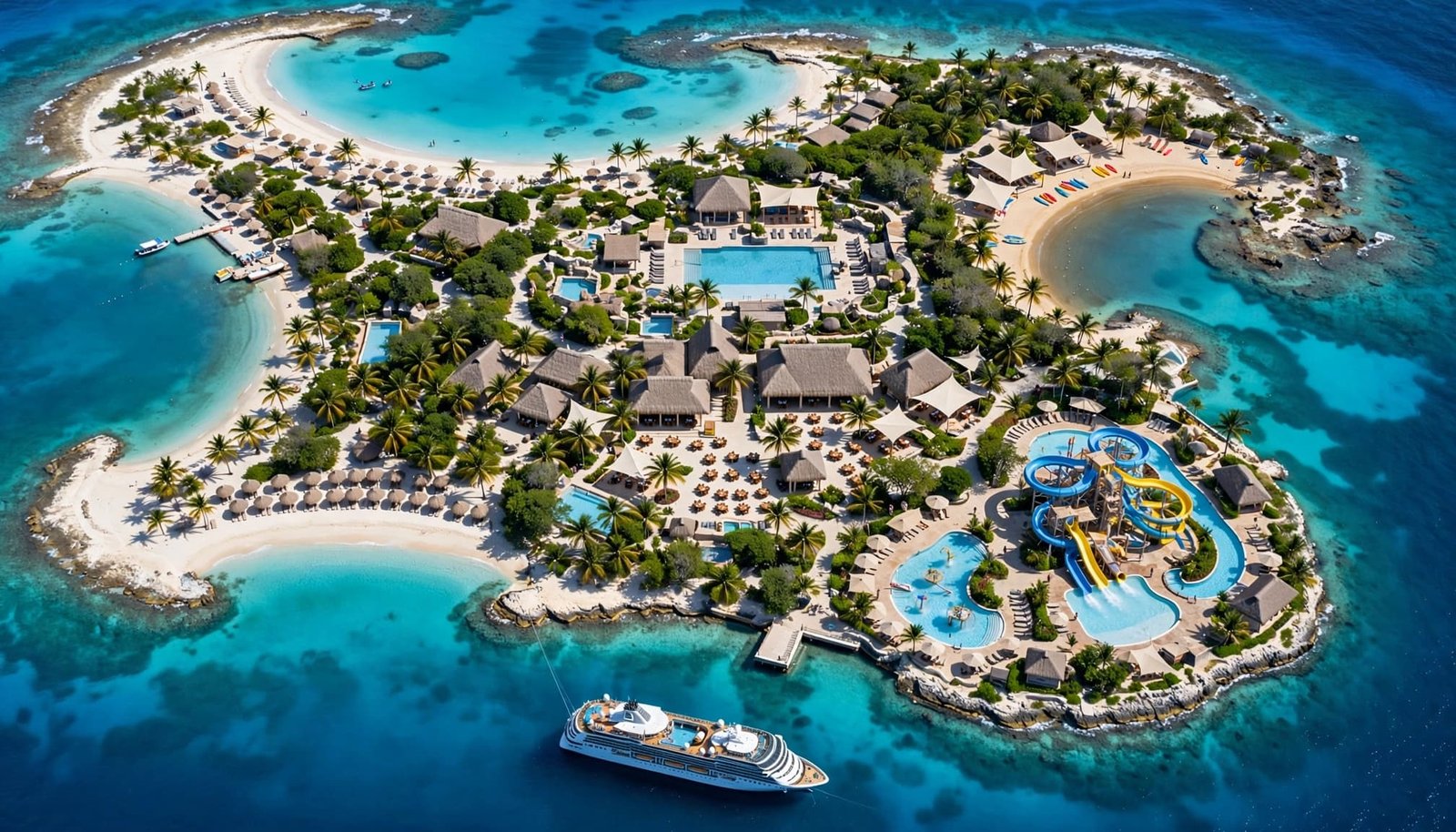 Aerial view of beaches, a pool, dining areas, and a waterpark beside an anchored cruise ship.