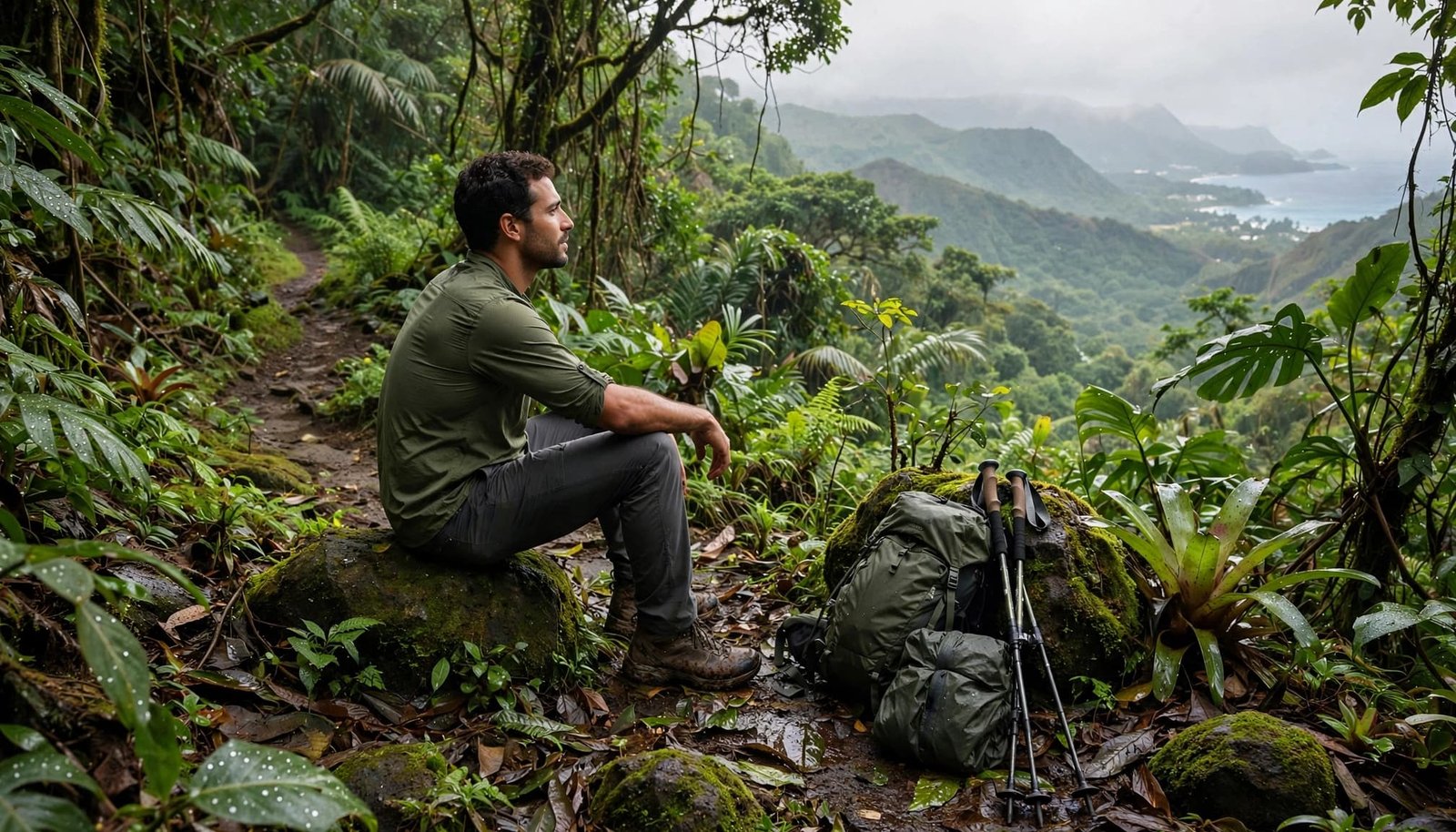 A hiker rests beside a backpack and trekking poles on a lush tropical trail.