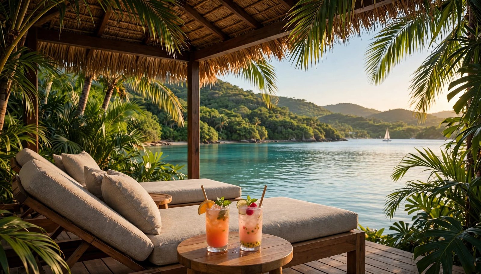 Two loungers and colorful drinks overlook a calm turquoise bay framed by palms.