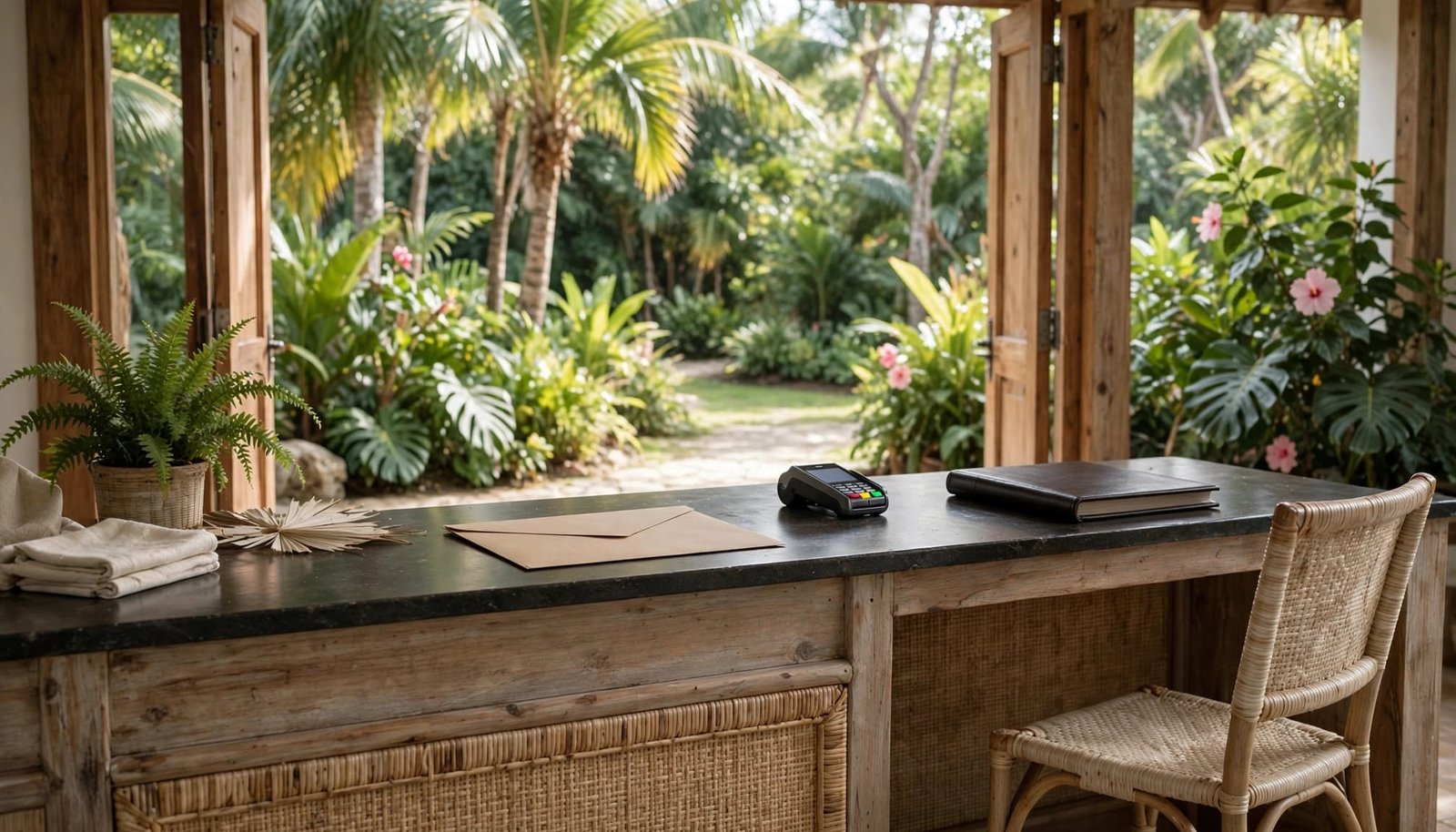 A resort reception desk with a chair, key envelope, card terminal, and garden beyond open doors.