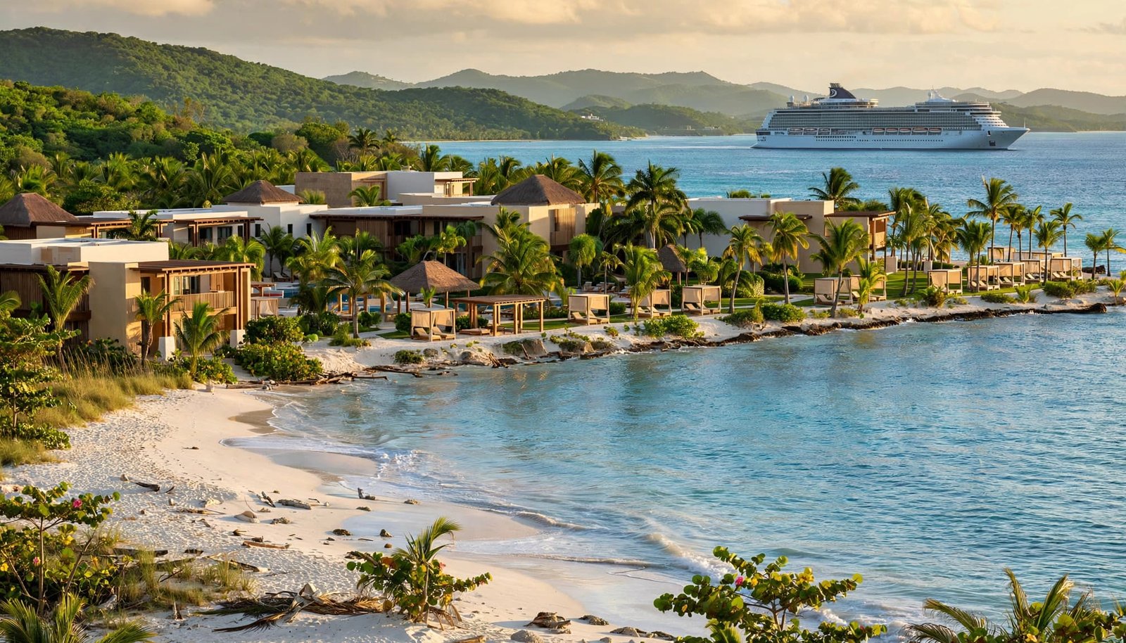 A cruise ship offshore faces a palm-lined resort and white-sand beach.