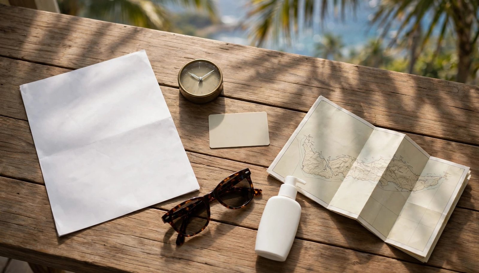 A blank itinerary, clock, key card, sunglasses, sunscreen, and folded map on a wooden table.