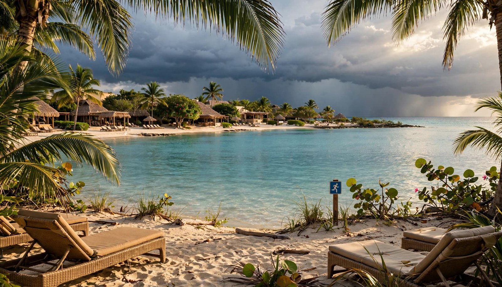 Palm trees and empty loungers overlook sunny turquoise water beneath dark clouds.