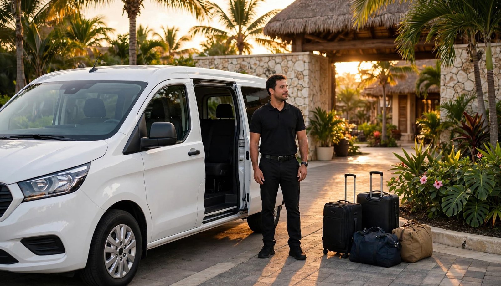 A driver stands beside a white van and luggage outside a tropical resort.