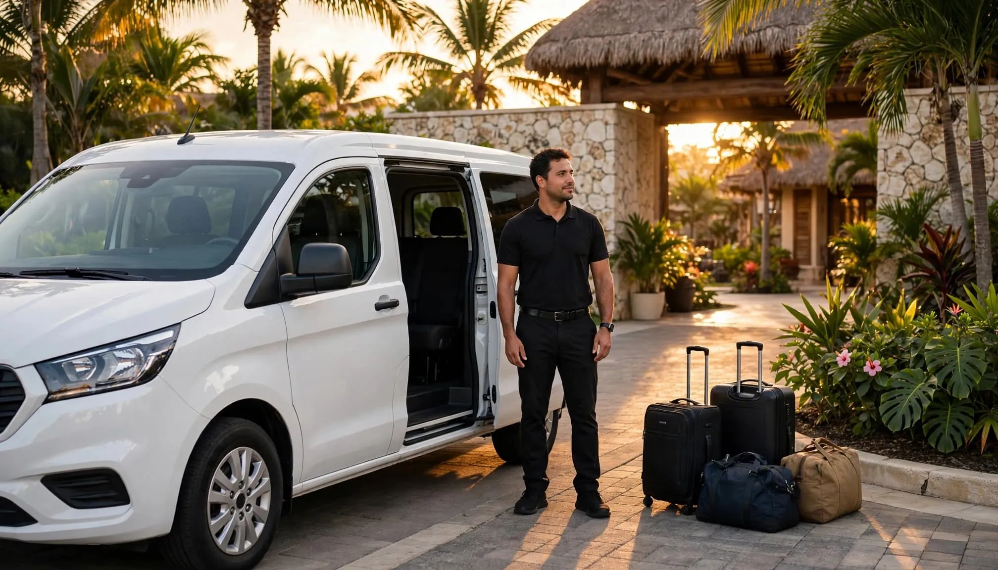 A driver stands beside a white van and luggage outside a tropical resort.