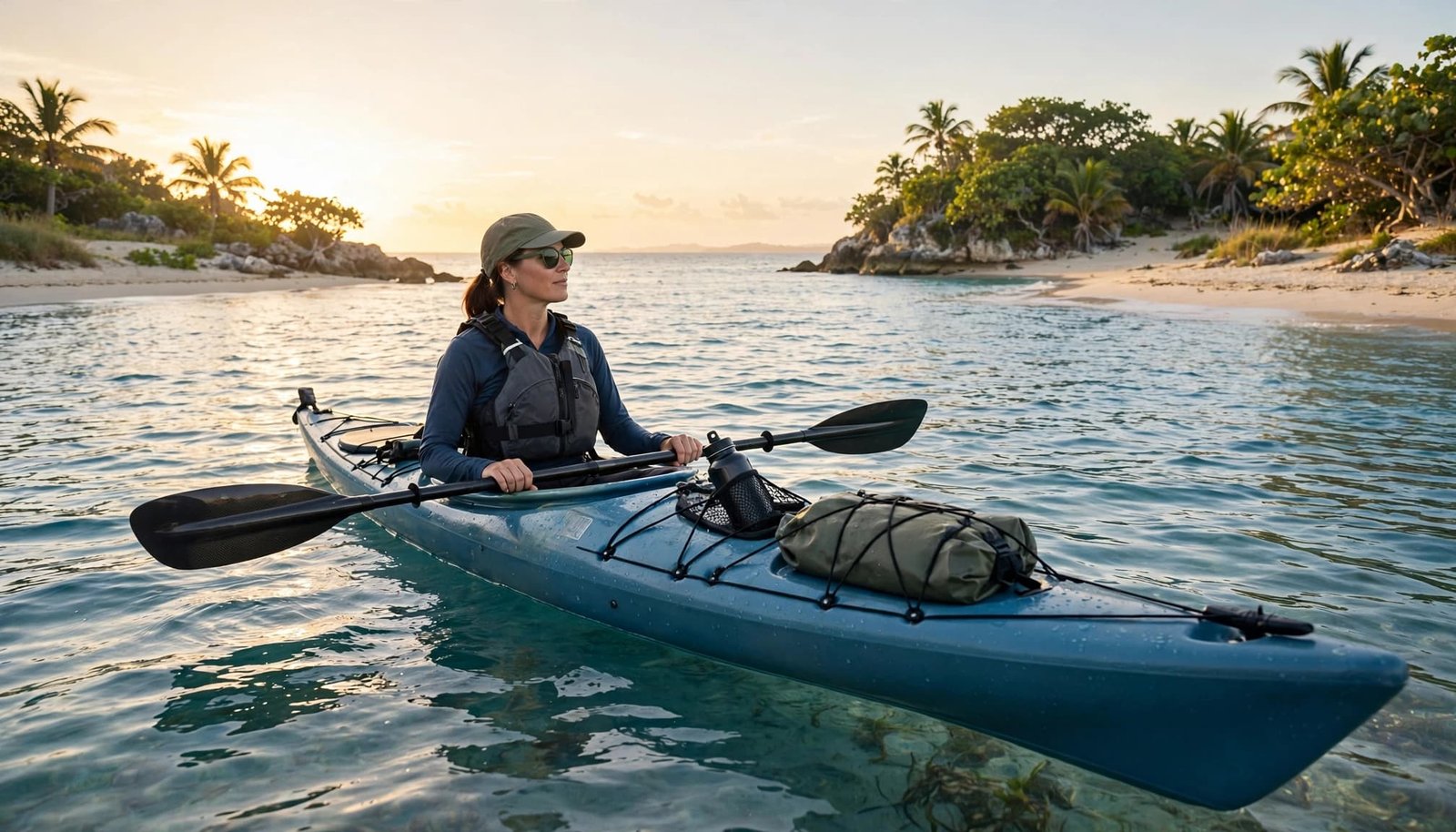 One paddler in a sea kayak crosses calm water near a Caribbean cove at sunrise.