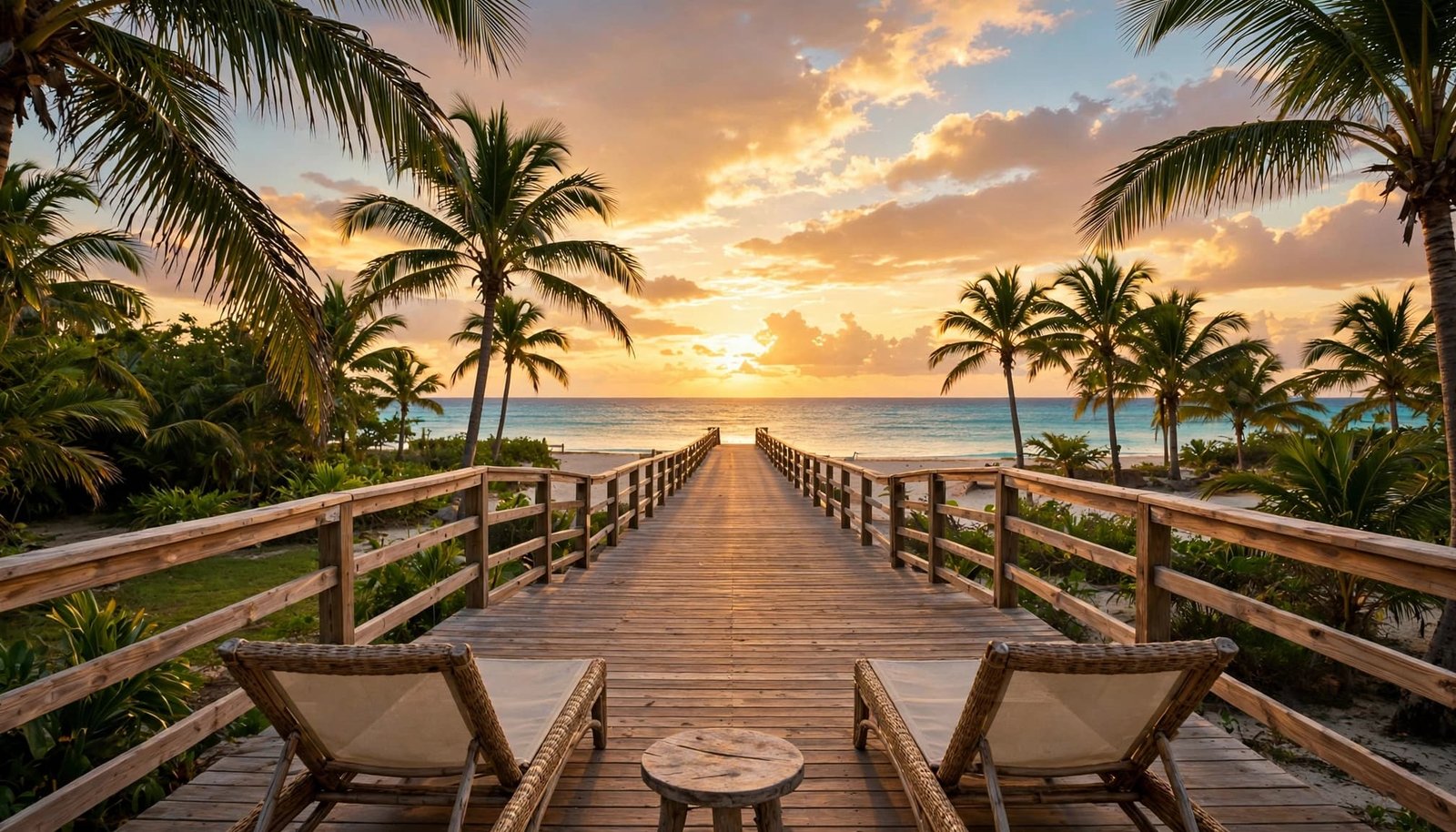 Empty lounge chairs beside a resort boardwalk facing the Caribbean sunset.