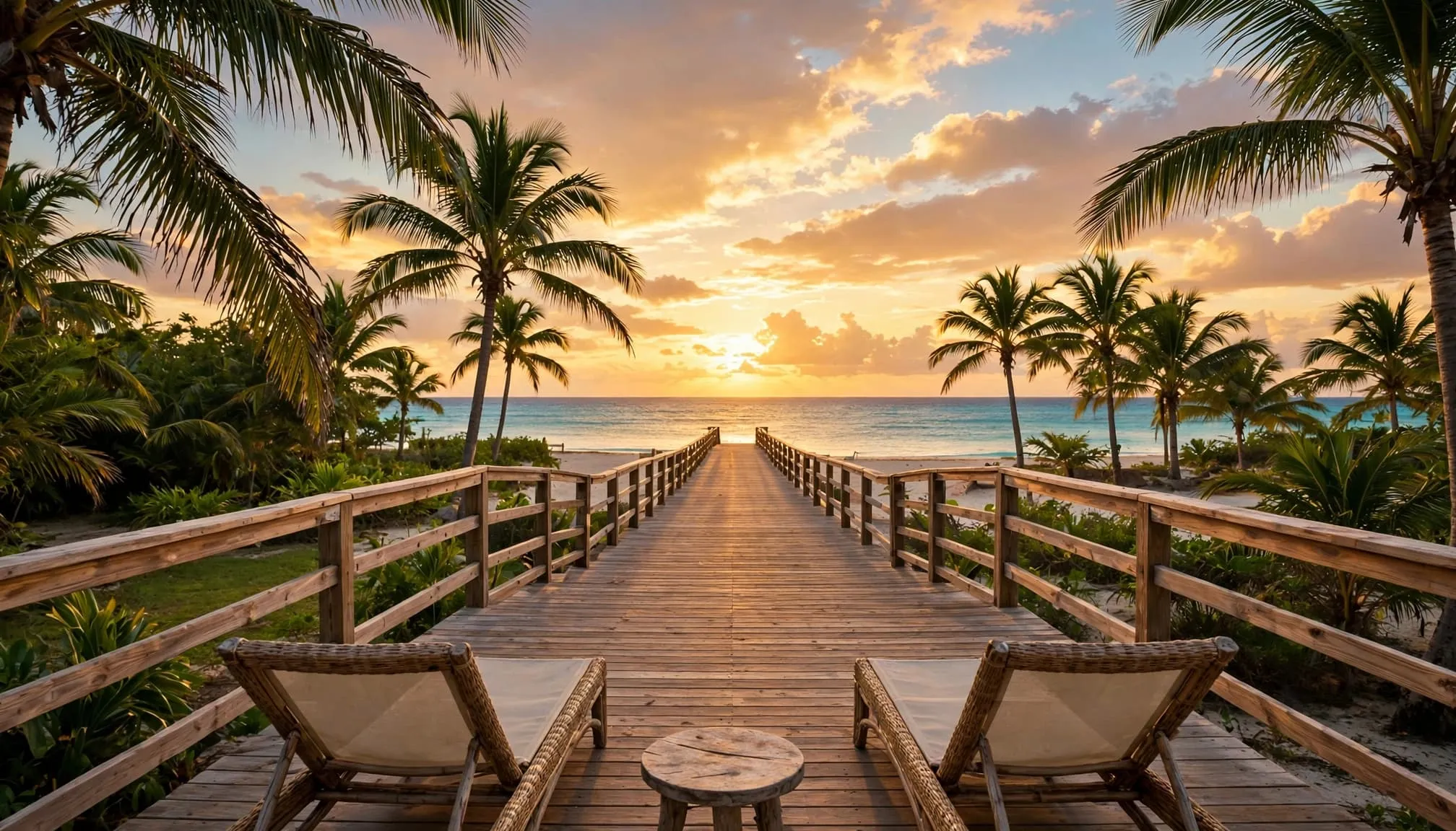 Empty lounge chairs beside a resort boardwalk facing the Caribbean sunset.