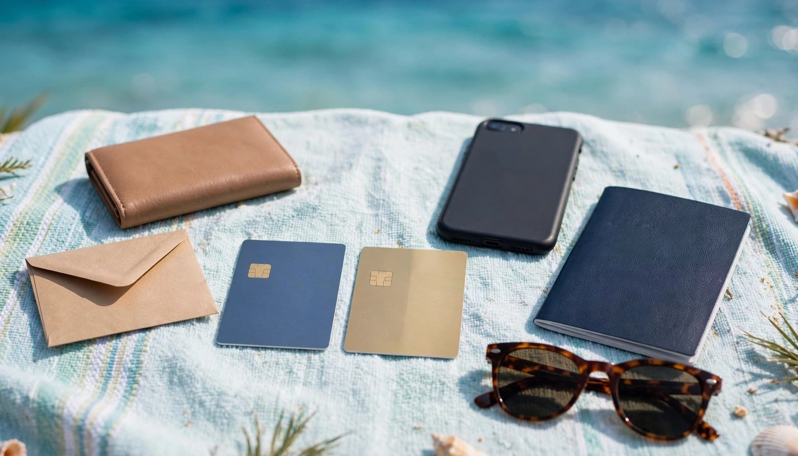Travel money items and sunglasses arranged on a colorful beach towel.