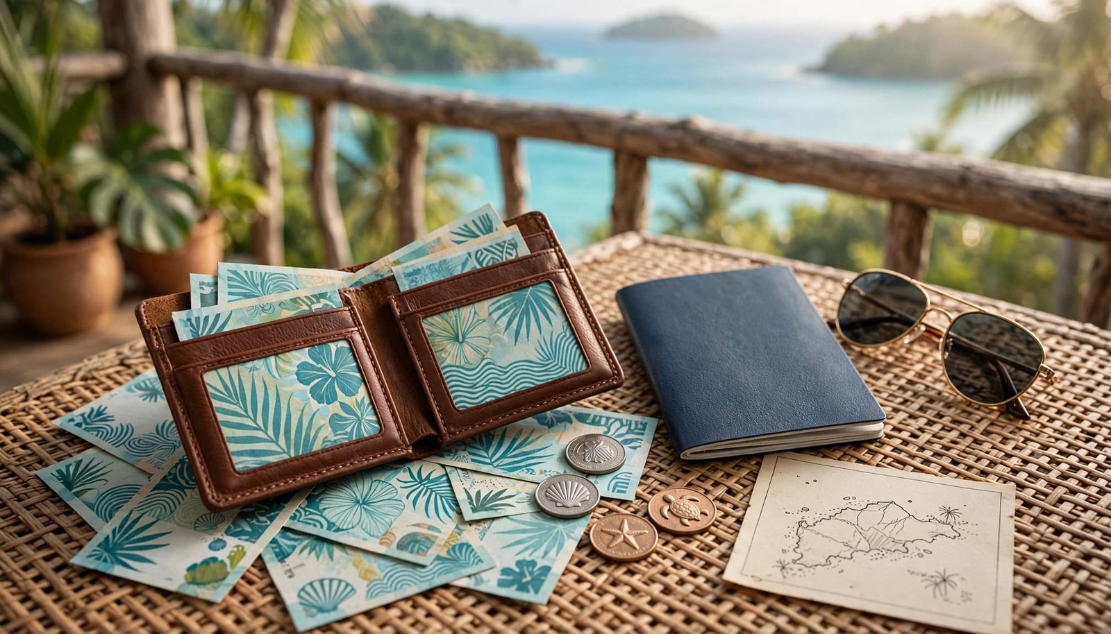 Travel wallet with Caribbean cash, passport, sunglasses, and an island map beside turquoise water.