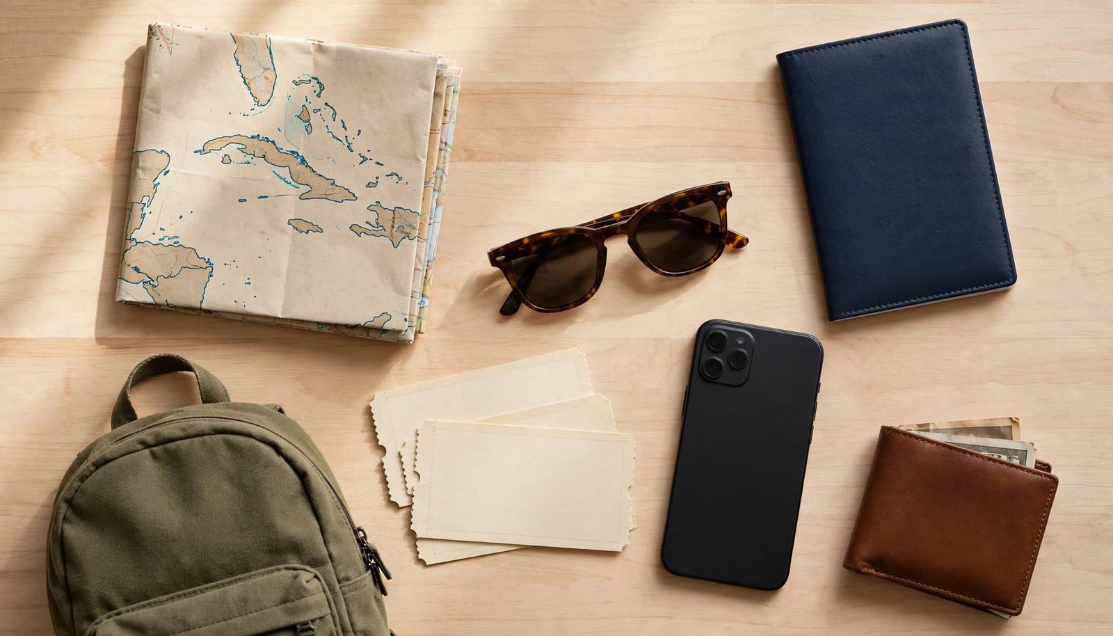 Travel items arranged around a folded Caribbean map on a wooden table.