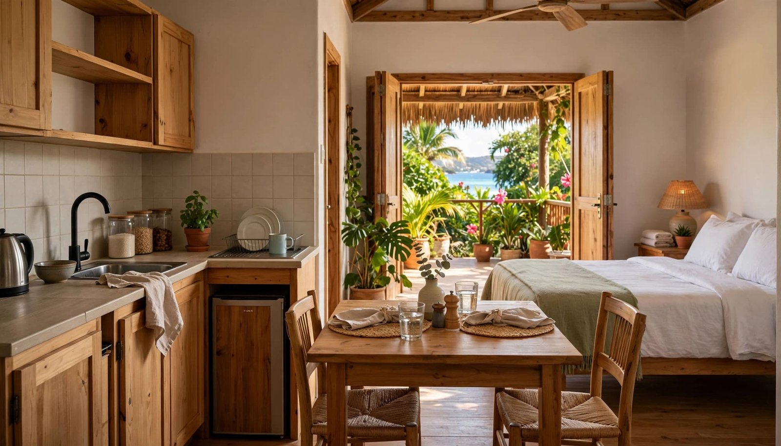 A modest apartment with a dining table, kitchenette, made bed, and open doors to a garden and sea.