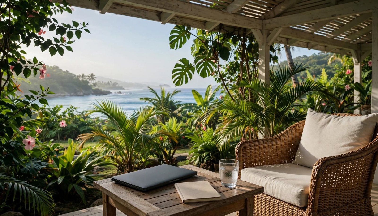 A closed laptop and notebook rest on a veranda table overlooking a leafy garden and ocean.