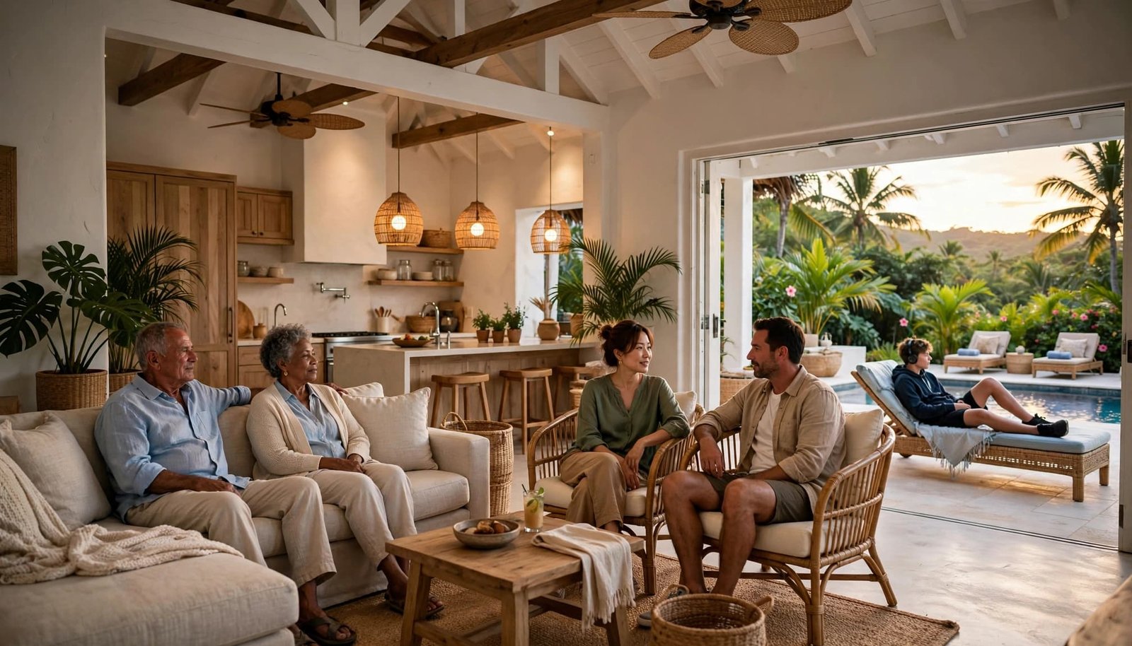 A multigenerational family relaxes in a villa beside a garden pool.